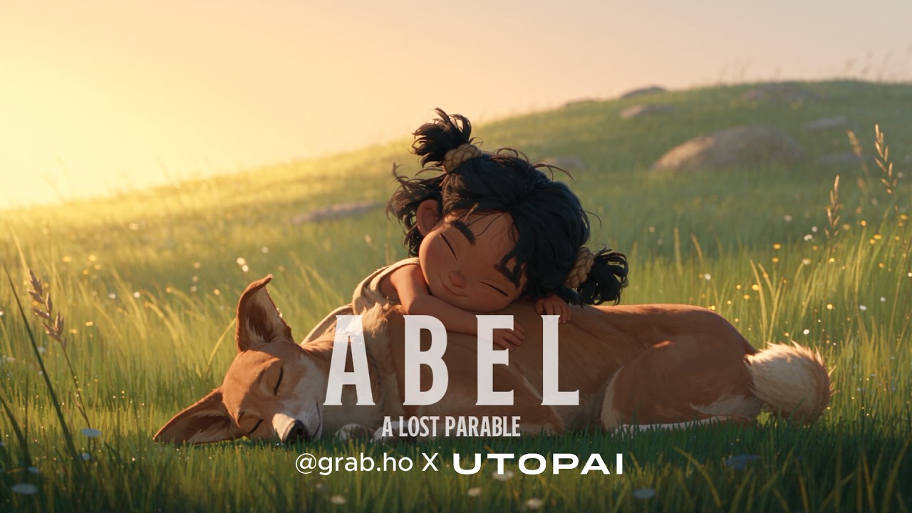 아벨 ABEL — 햇살이 비치는 초원에서 양치기개 아벨을 안은 소녀